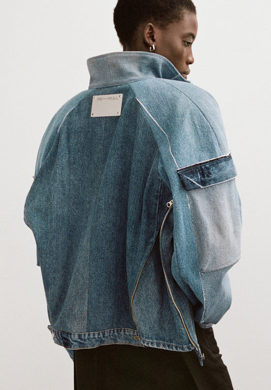 Fleck Denim Cargo Bomber Jacket