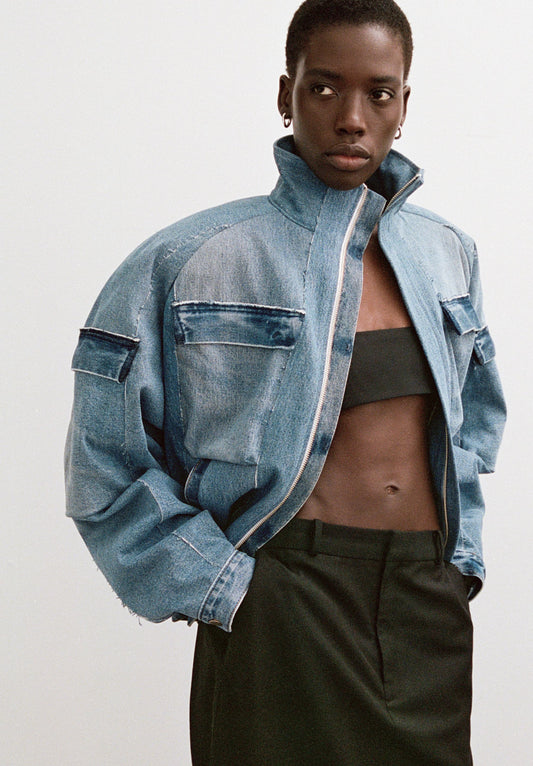 Fleck Denim Cargo Bomber Jacket