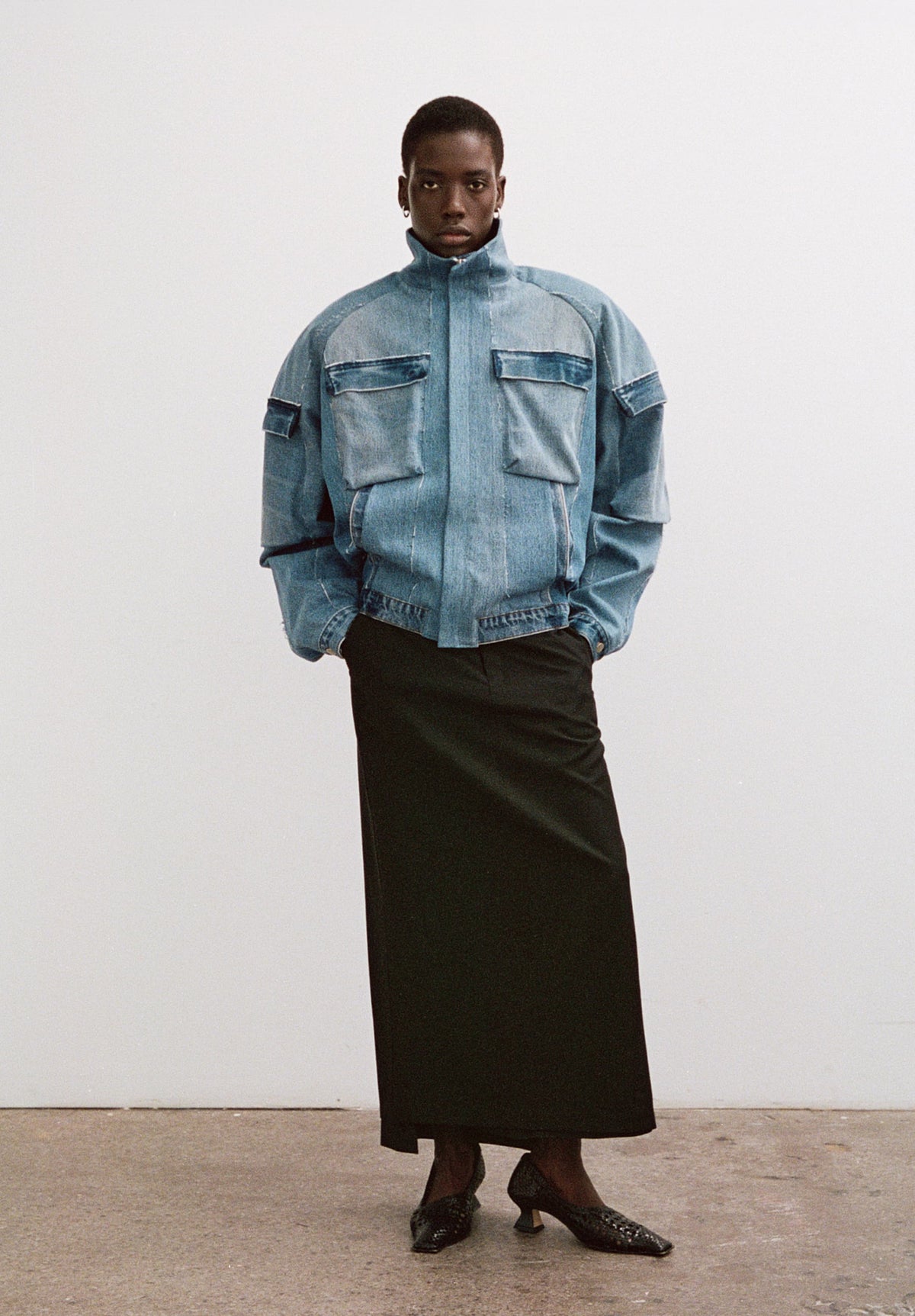 Fleck Denim Cargo Bomber Jacket