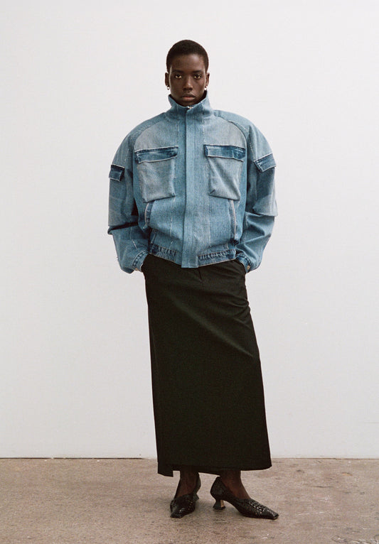 Fleck Denim Cargo Bomber Jacket