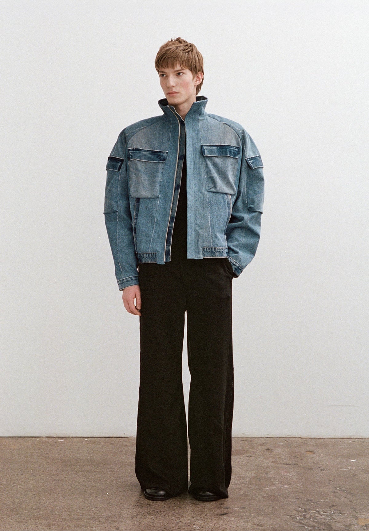 Fleck Denim Cargo Bomber Jacket