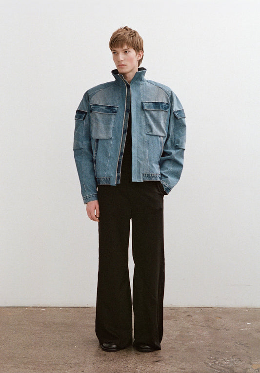 Fleck Denim Cargo Bomber Jacket